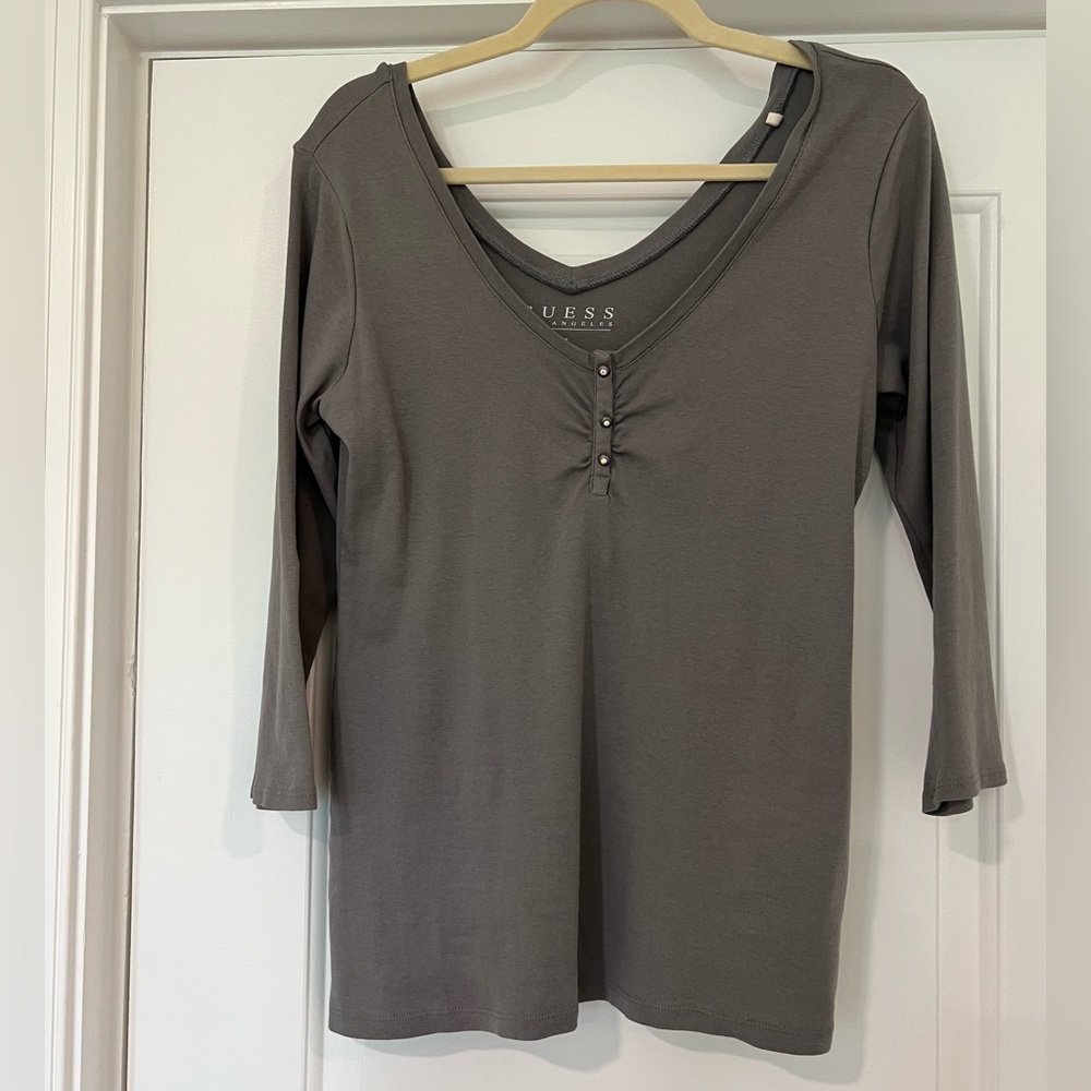 Guess Gray 3/4 Length Sleeve Cotton Top